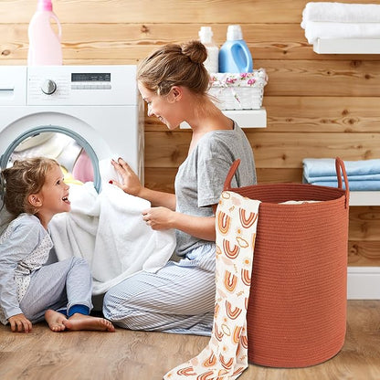 Cotton Rope Laundry Basket Hamper for Clothes Woven Storage Basket for Living Room Bedroom Boho Tall Rope Baskets for Blanket Toys Pillow Towels Baby Nursery Hamper Bin Large rustic
