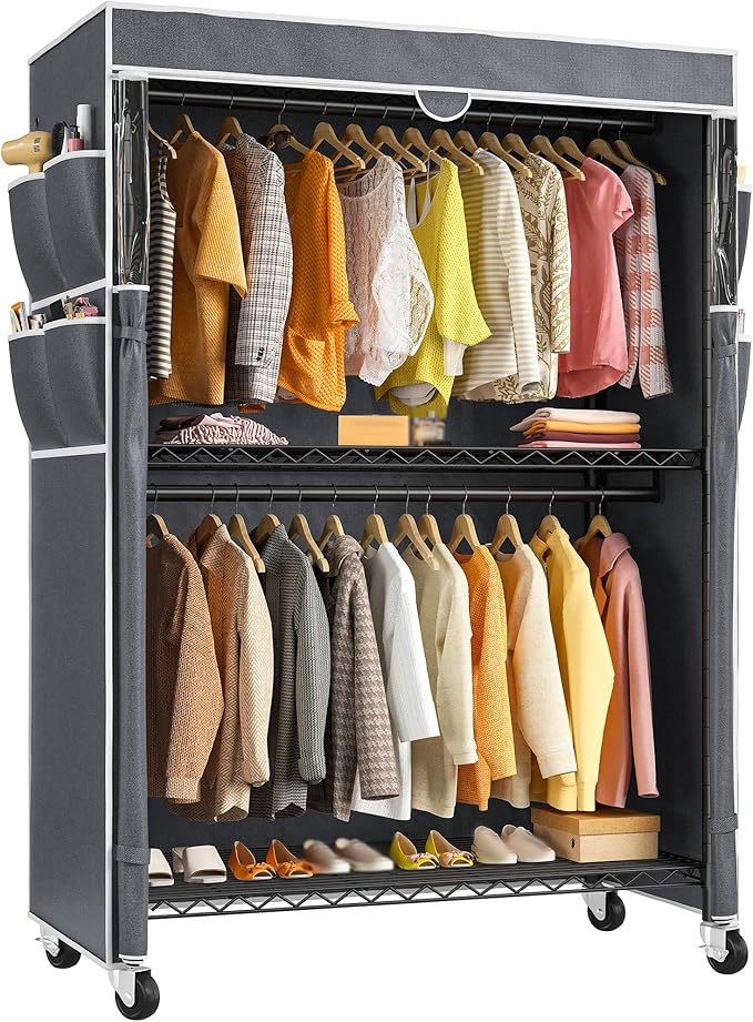 Raybee Clothes Rack with Cover, 81" H Clothing Racks for Hanging Clothes, Portable Closet with Wheels, Heavy Duty Garment Rack with Side Pockets and Adjustable Feets, Max Load 440LBS, Black