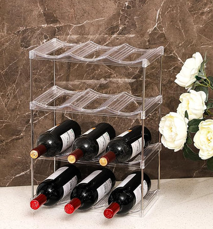 IEEK 4 Tier Stackable Wine and Water Bottle Holder Free-Standing Fridge Wine Bottle Organizers Clear Plastic Water Bottle Holder for Cabinet,Refrigerator,Pantry,Kitchen Countertops,Holds 12 Bottles