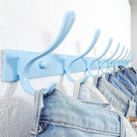 SKOLOO Coat Rack Wall Mounted - 10 Hooks, Pack of 2, Heavy Duty, Stainless Steel, Metal Coat Hanger, Sturdy Wall Hooks for Hanging Coats, Jacket, Clothes, Hat, Blue
