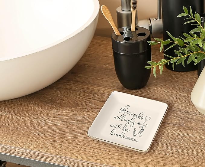 Nurse Appreciation Gifts for Women - She Works Willingly with Her Hands - Nurse Week Gift Ideas for Nurse Practitioner,Pharmacy,Medical,School, Roommate - Ceramic Jewelry Holder Ring Dish Trinket Tray
