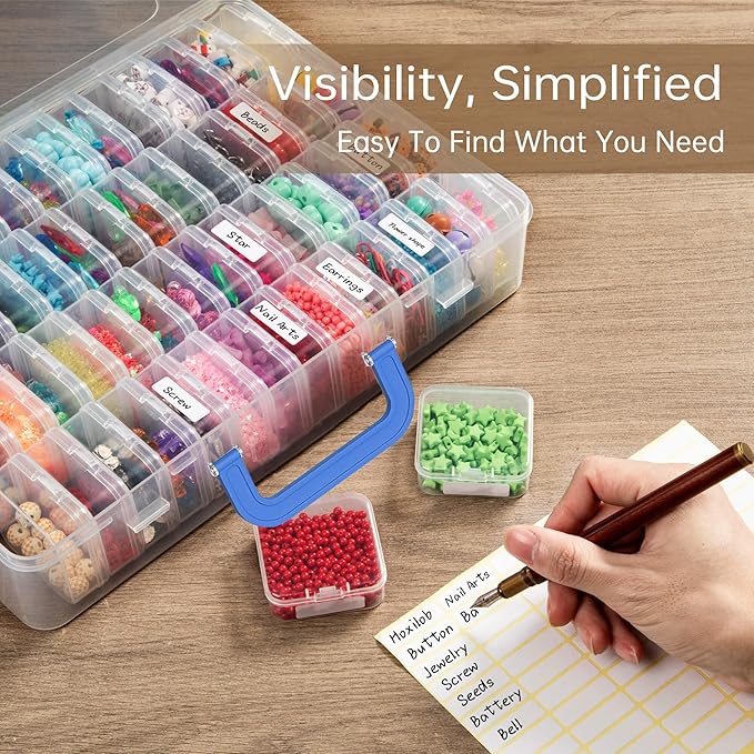 Bead Organizer Box with Handle, 61Pcs Small Bead Storage Boxes with Hinged Lid and Portable Craft Case, Mini Clear Plastic Container for Jewelry Making Supplies Bracelet Screws Seeds Nails Small Parts