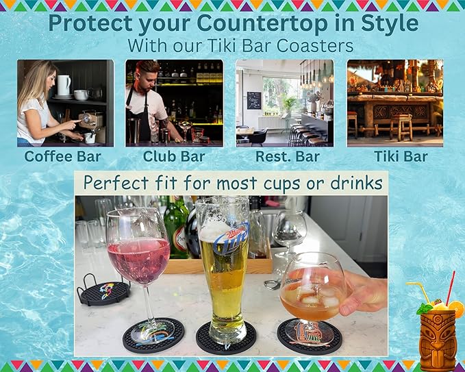 Tiki Bar Coasters Set of 6 with Holder, Tiki Bar Decor Silicone Coasters with Surfboard Warrior, Wave & Palm Tree and Parrot Designs, Hawaiian Decor Black Coasters, Outdoor Tiki Bar Rubber Decorations