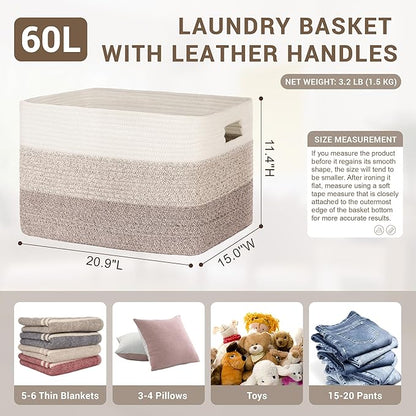 60L Laundry Basket with Leather Handles for Living Room Storage, Woven Rope Baskets Bin for Blanket, Kids Toy, Gifts, Wicker Hamper for Bedroom Dirty Clothes, Gradient Brown