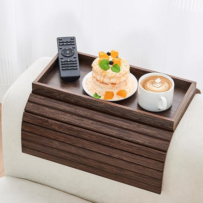 Couch Arm Tray, Anti-Falling Bamboo Sofa Armrest Tray Table, Foldable & Portable Armrest Tray Cup Holder Side Table for Drinks, Coffee, Phone, Snacks, Remote