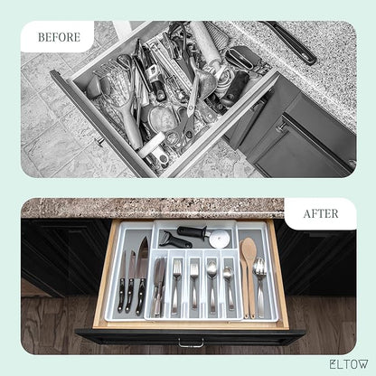 ELTOW Large Expandable Silverware Drawer Organizer, 8 Compartment Non-Slip & Adjustable Silverware Organizer for Drawer, Kitchen Organization for Utensils, Cutlery, Silverware Tray (White)