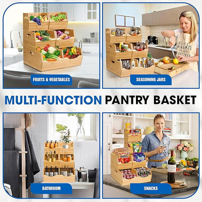 [Upgraded] 3-tier Stackable Bamboo Pantry Storage Bins, Potato and Onion Storage Baskets with Handles, Removable Divider, Pantry Organizer Holder for Kitchen, Office, Cabinet, Fruit Storage