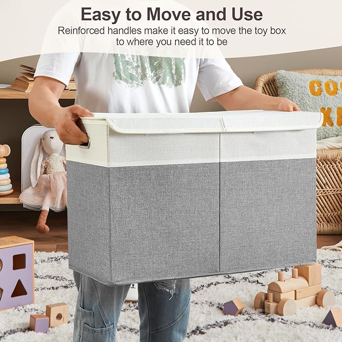 Large Toy Storage Box with Lid, Collapsible Toys Storage Organizer Bins with Dividers and Handles, Storage Chest Bin for Kids, Boys, Girls, Nursery 25"x13" x16" (Gray & White)
