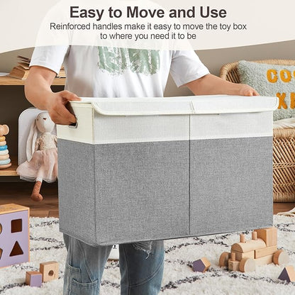 Large Toy Storage Box with Lid, Collapsible Toys Storage Organizer Bins with Dividers and Handles, Storage Chest Bin for Kids, Boys, Girls, Nursery 25"x13" x16" (Gray & White)
