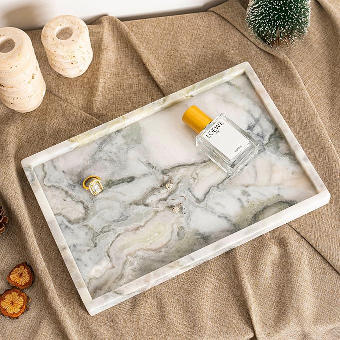 Koville Natural Marble Tray, 12x8“ Coffee Table Vanity/Decorative Tray for Jewerly, Watch, Perfume Candle Storage for Bedroom/Bathroom/Kitchen Countertop