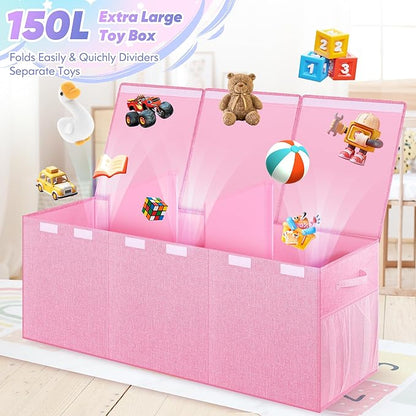Extra Large Toy Box, Toybox for Kids Boys Girls, Collapsible Sturdy Toy Storage Organizer with Mesh Pockets, 40"x14"x16" Kids Storage Boxes Bins Baskets for Nursery, Playroom, Pink