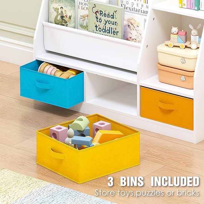 Spirich 5-Tier Kids Bookshelf with Storage Bins, Montessori Forward-Facing Book Display Toddler Bookcase, Wood Book Shelf for Kids Room, Classroom, Nursery, White