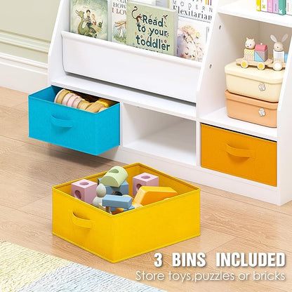 Spirich 5-Tier Kids Bookshelf with Storage Bins, Montessori Forward-Facing Book Display Toddler Bookcase, Wood Book Shelf for Kids Room, Classroom, Nursery, White