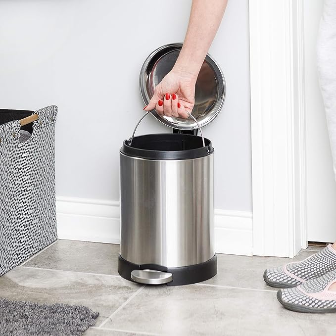 Glad Small Trash Can, 1.2 Gallon | Round Stainless Steel Garbage Bin with Soft Close Lid & Step Foot Pedal | Metal Waste Basket with Removable Inner Bucket, Stainless