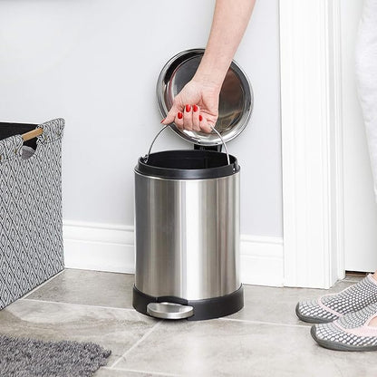 Glad Small Trash Can, 1.2 Gallon | Round Stainless Steel Garbage Bin with Soft Close Lid & Step Foot Pedal | Metal Waste Basket with Removable Inner Bucket, Stainless