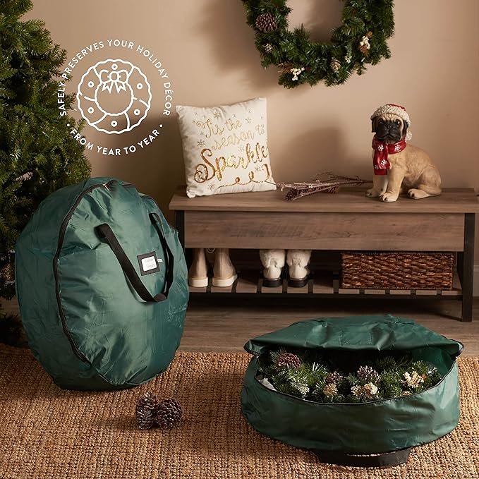 ZOBER 2 Pack Oxford Christmas Wreath Storage Container 48 Inch - Wreath Bag for Artificial Wreaths Box - Waterproof Fabric, Dual Zippered Wreaths Storage Bag With Strong Durable Handles - Green