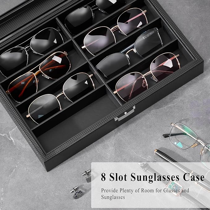 BEWISHOME Glasses Organizer for Men, Sunglasses Organizer, 8-Slot Sunglasses Storage Case with Large Clear Glass Lid, PU Leather Lined Eyewear Display Box