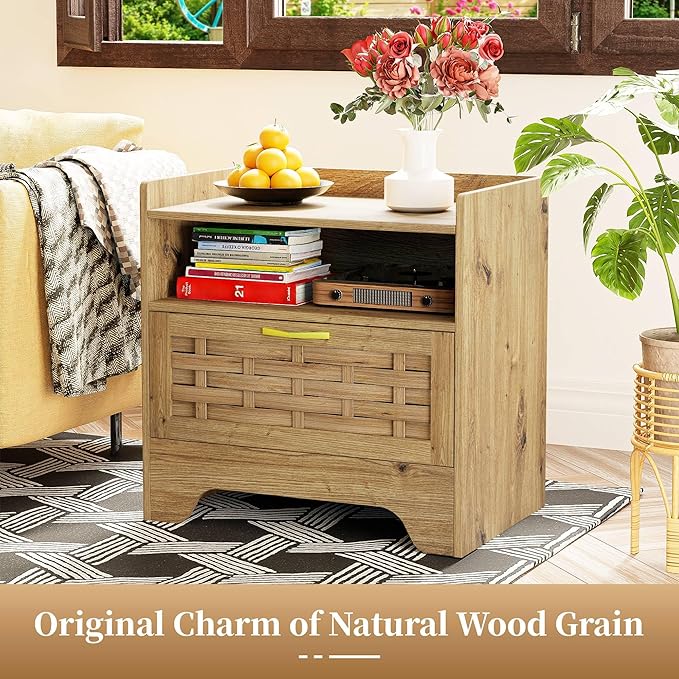 HOCAT 24" Rattan Nightstand with Storage Drawer, Oak Bedside Table with Semi Open Cubby, Boho Night Stand with Farmhouse Arched Base for Bedroom, Side Table, End Table for Dorm