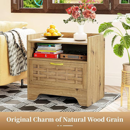 HOCAT 24" Rattan Nightstand with Storage Drawer, Oak Bedside Table with Semi Open Cubby, Boho Night Stand with Farmhouse Arched Base for Bedroom, Side Table, End Table for Dorm