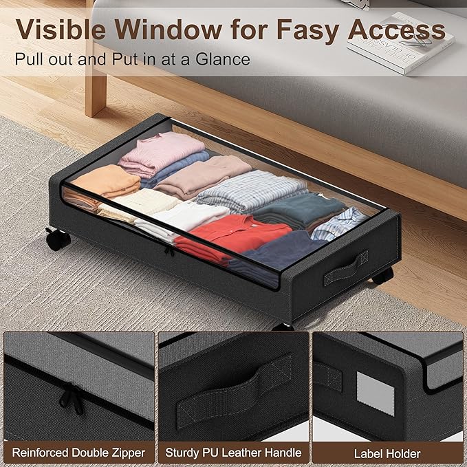 VXEAPADE Under Bed Storage with Wheels - 2Pack Underbed Storage Containers with Clear Lid & Label, Under The Bed Rolling Storage Bins for Shoes, Clothes, Blankets, Books (Black, Large)