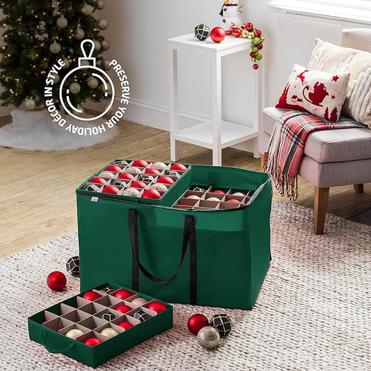 ZOBER Christmas Ornament Storage Box - Stores 200 3" Ornaments with Individual Trays - Tear Proof 600D Oxford Fabric - ornament organizer storage box, Durable Christmas Containers Holder - Green