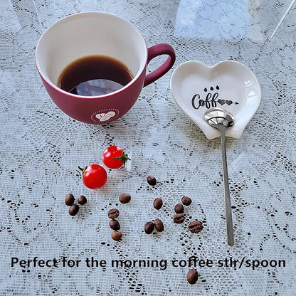 Heart-shaped Coffee Spoon Rest, Mini Coffee Spoon Holder, Small Ceramic Spoon Rest for Coffee Stirrers, Teaspoon, Bar Spoon, Coffee Bar Accessories, Coffee Station (White+Sliver spoon)