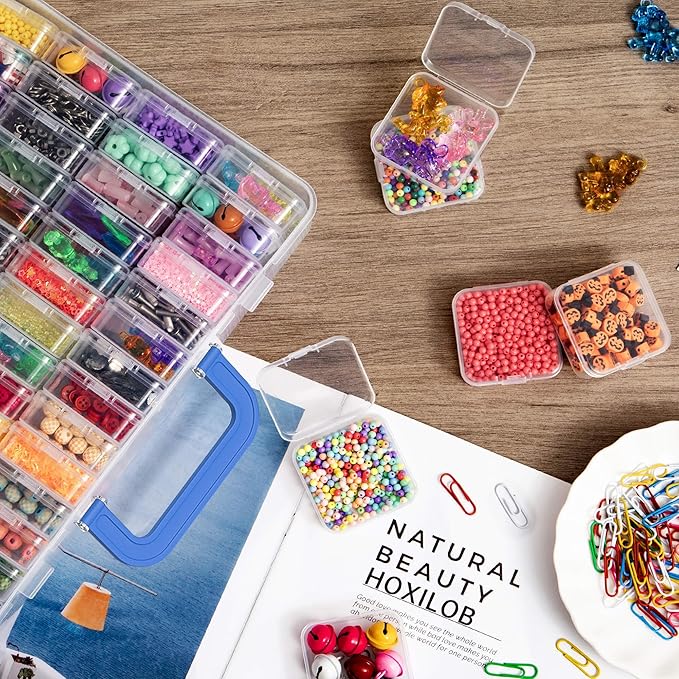 Bead Organizer Box with Handle, 61Pcs Small Bead Storage Boxes with Hinged Lid and Portable Craft Case, Mini Clear Plastic Container for Jewelry Making Supplies Bracelet Screws Seeds Nails Small Parts