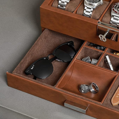 ROTHWELL 10-Slot Watch Box in Leather with Valet Drawer, Luxury Watch Case Display Organizer with Ultra Soft Microsuede Liner, Jewelry and Sunglass Holder With Large Glass top (Tan/Brown)