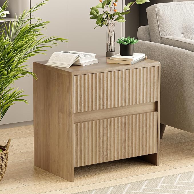 HOCAT Fluted Nightstand, 23" Wood Bedside Table with 2 Storage Drawers, Oak Modern Night Stand for Bedroom, Office, Oak