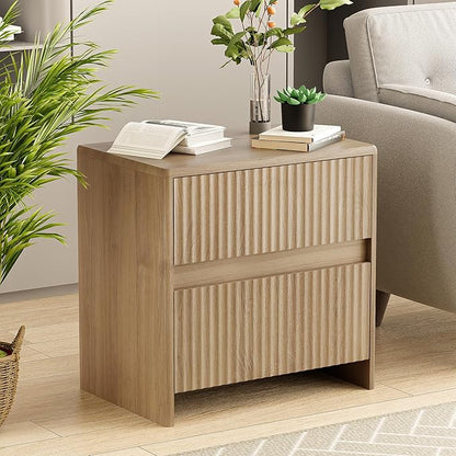 HOCAT Fluted Nightstand, 23" Wood Bedside Table with 2 Storage Drawers, Oak Modern Night Stand for Bedroom, Office, Oak