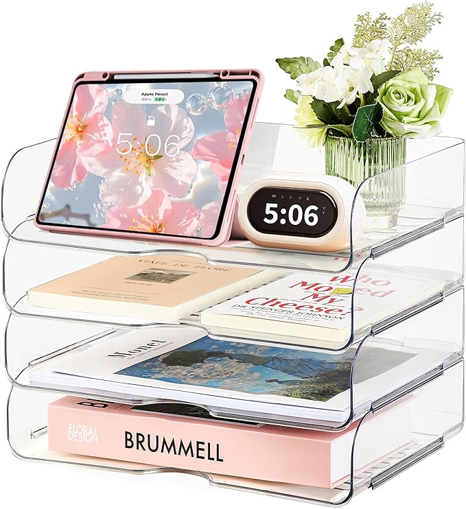 4-Tier Large-Capacity Paper Organizer, Clear Stackable Desk Organizer & Acrylic Paper Tray, Transparent & Easy Access,Desk File Organizer for Home Office & School