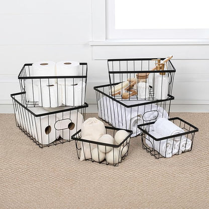happimess BSK3001A-6SET Camden Vintage Industrial Wire Metal Nesting Storage Baskets for Shelves, Cabinets, Pantry, Countertop, Mesh Open Bin Basket for Organizing Supplies, Black (Set of 6)