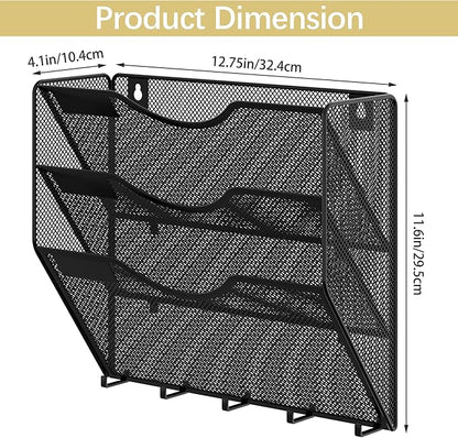 EasyPAG 3 Pocket Mesh Wall File Organizer with Key Hooks, Hanging Paper Folder Holder with Classify Label, Vertical Wall Mount Mail Organizer for Office Home Classroom, Black
