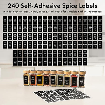 EDELHAUS® Square Spice Jars with Bamboo Wooden Lid (Pack of 24) Spice Jars with Shaker Insert and 240 Labels - Bamboo Lid Glass Container for Spice Organisation [4.3 in × 1.8 in]