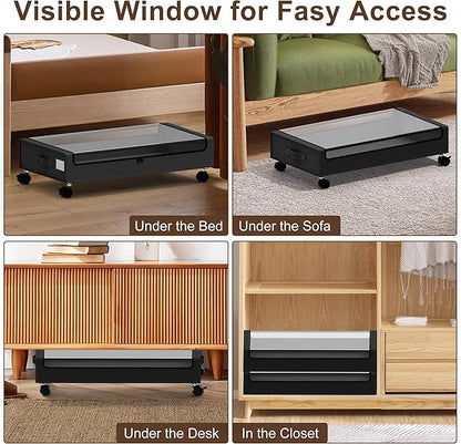 VXEAPADE Under Bed Storage with Wheels - 2Pack Underbed Storage Containers with Clear Lid & Label, Under The Bed Rolling Storage Bins for Shoes, Clothes, Blankets, Books (Black, Large)
