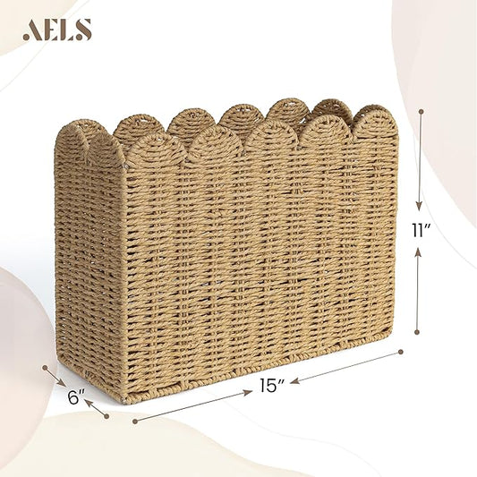 AELS Woven Natural Fibre Magazine Holder, Scalloped Edge Floor Magazine Rack, Hand-woven Organizer, Boho Modern Farmhouse Book Basket, File Newspaper Mail Holder for Office