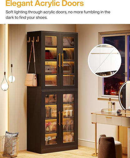 Tribesigns Tall Shoe Storage Cabinet with Acrylic Doors and LED Lights, 8-Tier Shoe Organizer Rack with Adjustable Shelves & Hanging Hooks for Narrow Closet, Hallway, Living Room, Black (Set of 2)