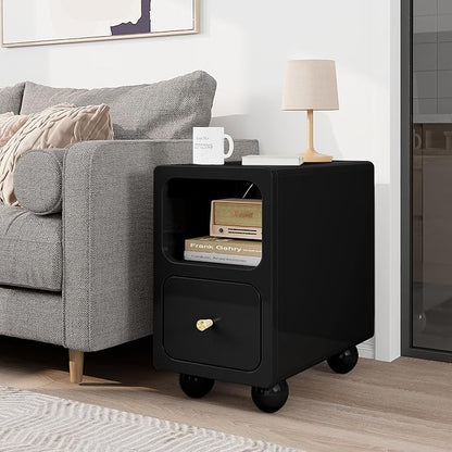Solid Wood Nightstand, Narrow Night Stand with Drawers, Black Mid Century Modern Nightstand, Small Beside Table with Open Storage Shelf for Bedroom (10 inch)