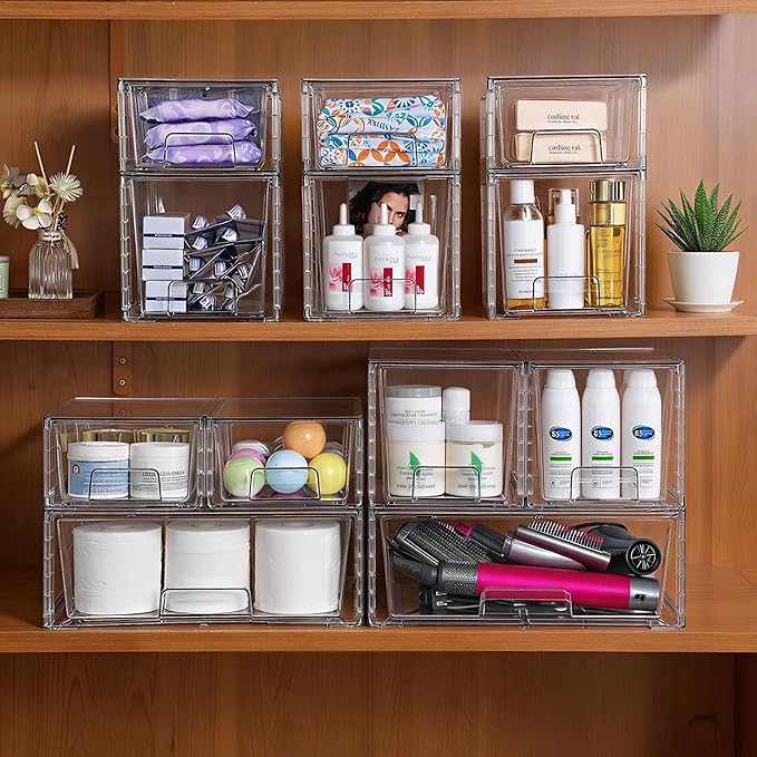 Medium Clear Stackable Storage Drawers (4 Pack), High-strength Acrylic Organizer Bins with Handles, Plastic Drawers for Fridge Bathroom Cabinet Closet Undersink Pantry Kitchen Makeup Storage