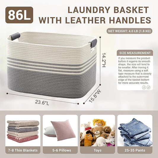 86L Extra Large Laundry Basket with Leather Handles for Living Room Storage, Woven Rope Baskets for Blanket, Kids Toy, Gifts, Wicker Hamper for Bedroom Dirty Clothes, 24"x16"x14" White Grey