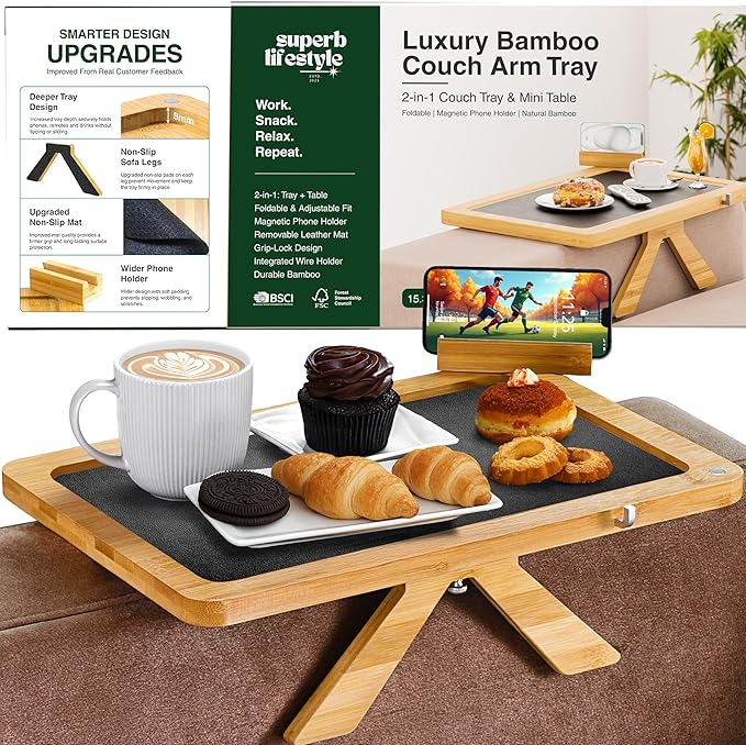 Bamboo Sofa Arm Tray Table – Fits Most of The Sofa Arms, 3 in 1 Adjustable Couch Arm Table with Rotating Phone Holder, Cable Slot & Non-Slip Mat – Couch Cup Holder for Snacks, Drinks & Remotes