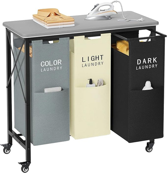 3 Section Laundry Sorter with Ironing Board, Laundry Hamper with Removable Bags, Heavy-Duty Rolling Laundry Cart with Lockable Wheels for Bathroom Bedroom