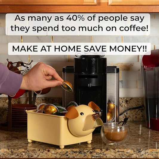 Made Easy Kit Coffee Pod Organizer Compatible with Nespresso Vertuo and Original - Countertop Sculpture Holder Basket Style for Café Bar, Corner Station Office Break Area (Dog Brown Square)