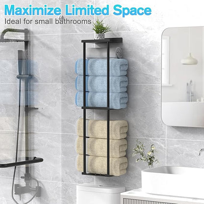 Towel Rack for Bathroom, Wall Mounted Vertical Rolled Towel Storage Organizer Holder with Shelf, Holds Up 6 Large Bath Sheets, Black