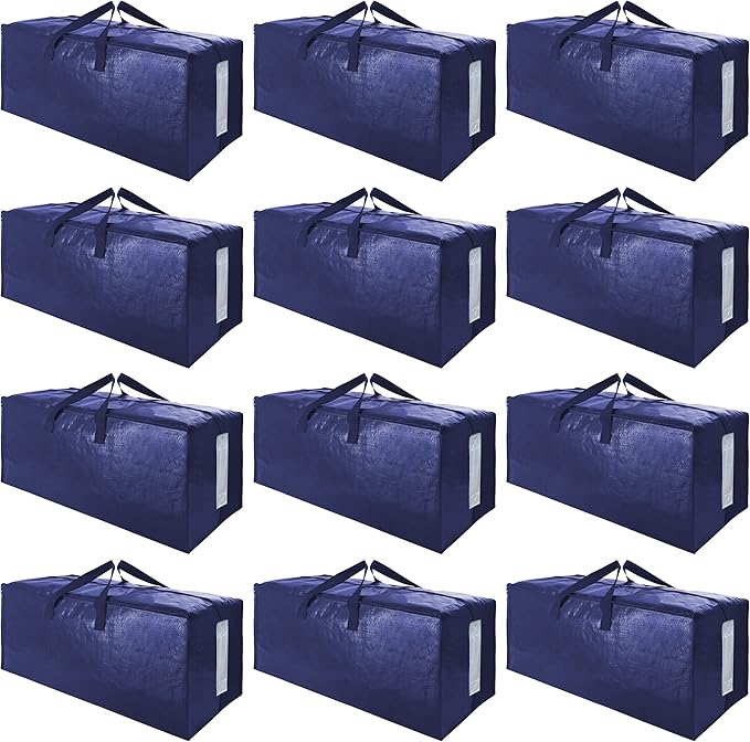 SWEET DOLPHIN 12 Pack Extra Large Moving Bags with Strong Zippers & Carrying Handles, Heavy Duty Storage Tote for Space Saving Moving Storage, Fold Flat, Alternative to Moving Box (Navy Blue)