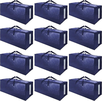 SWEET DOLPHIN 12 Pack Extra Large Moving Bags with Strong Zippers & Carrying Handles, Heavy Duty Storage Tote for Space Saving Moving Storage, Fold Flat, Alternative to Moving Box (Navy Blue)
