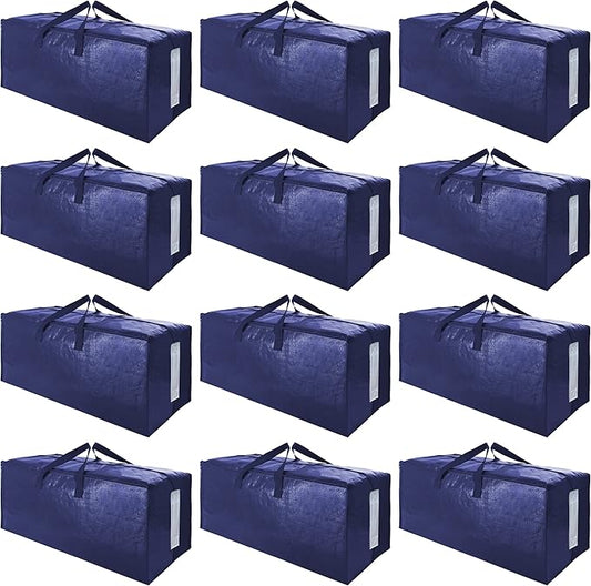 SWEET DOLPHIN 12 Pack Extra Large Moving Bags with Strong Zippers & Carrying Handles, Heavy Duty Storage Tote for Space Saving Moving Storage, Fold Flat, Alternative to Moving Box (Navy Blue)