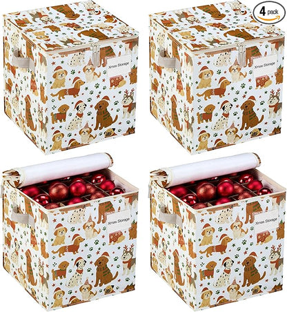 VENO 4 Pack Christmas Ornament Storage Box, Stores up to 64 Holiday Ornaments, Adjustable Dividers, Zippered Top, Storage bins with lids for holiday decorations-3 Inch Cube Compartments (Holiday Pups)