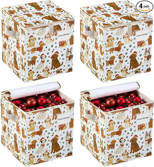 VENO 4 Pack Christmas Ornament Storage Box, Stores up to 64 Holiday Ornaments, Adjustable Dividers, Zippered Top, Storage bins with lids for holiday decorations-3 Inch Cube Compartments (Holiday Pups)