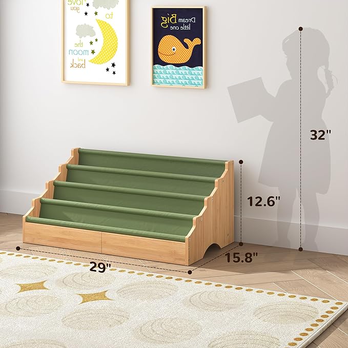 ELYKEN Toddler Bookshelf for Kids Rooms, Nursery Book Shelves with Open Forward Display, Montessori Book shelf for Baby Room, Small Children Classroom Books Rack Storage, Reading Corner for Kid, Green